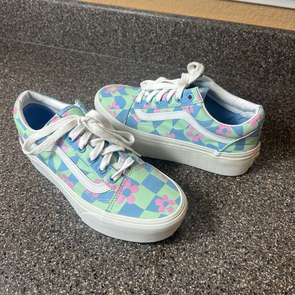 Vans Platform Women's Size 7 Green Multicolor Floral Lace Up Low Canvas Sneakers
